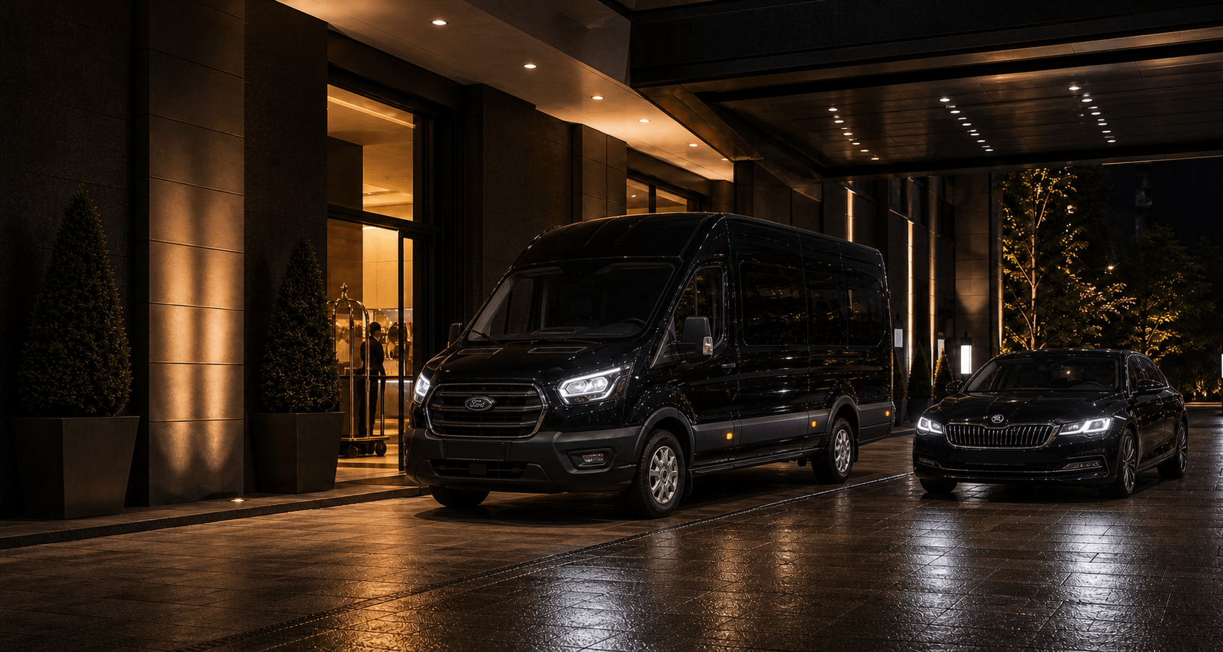 Flotte de transport VIP AYYI TOUR devant un hotel premium